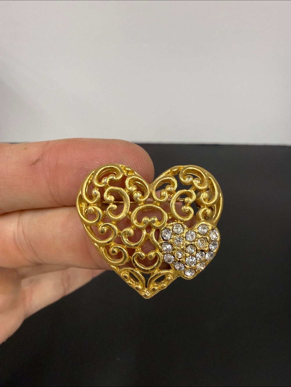 Gold Heart Filigree Brooch with Crystal Accent